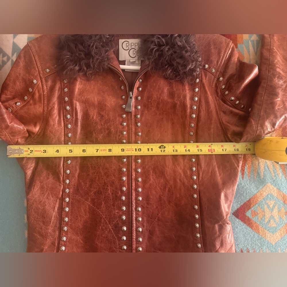 Women’s Brown Studded Leather Jacket with Fur Collar - Picture 5 of 5